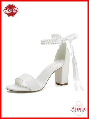 Pearl Block Heel Wedding Sandals Faux Leather Ankle Strap Bride Heels